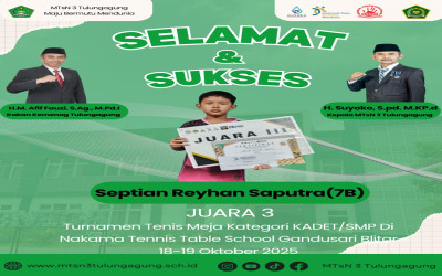 Selamat dan Sukses Septian Reyhan Saputra Juara 3 pada Turnamen Tenis Meja Kategori Kadet/SMP di Nakama Tennis Table School, Gandusari, Blitar.